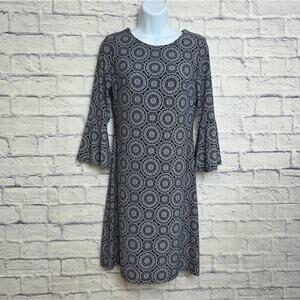 Tommy Hilfiger Dress Womens 2 Navy Blue White Medallion Print 3/4 Sleeve Midi